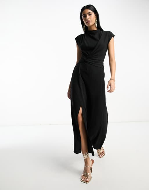 ASOS DESIGN – Czarna sukienka midi z domieszką lnu z zabudowanym dekoltem i skręconym przodem