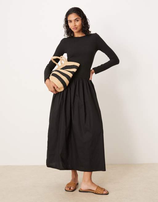 ASOS DESIGN – Czarna sukienka midi z długimi rękawami i wycięciem w kształcie U na plecach