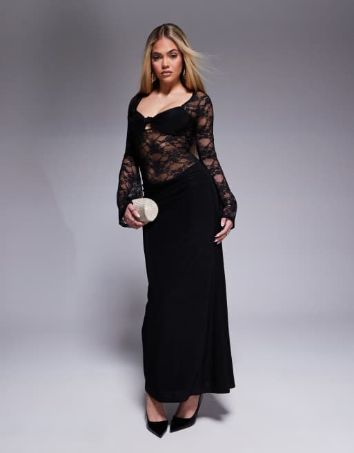 ASOS DESIGN – Czarna sukienka midi z długimi rękawami,koronkową górą i miękkim, drapowanym dołem