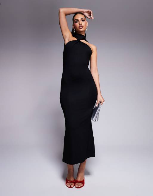 ASOS DESIGN – Czarna sukienka midi z golfem i skręceniem oraz odkrytymi plecami