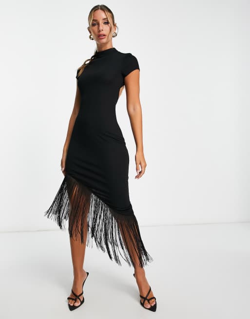 ASOS DESIGN – Czarna sukienka midi z krótkimi rękawami, półgolfem, wycięciem na plecach i frędzlami