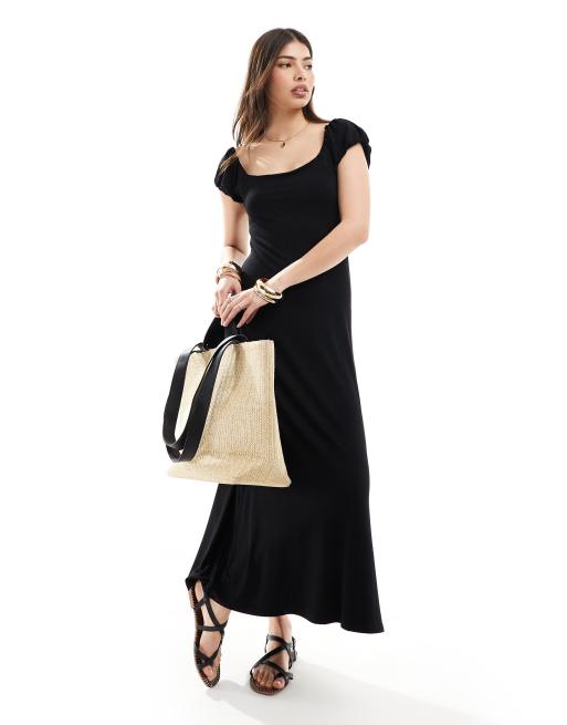 ASOS DESIGN – Czarna sukienka midi z kwadratowym dekoltem i bufkami
