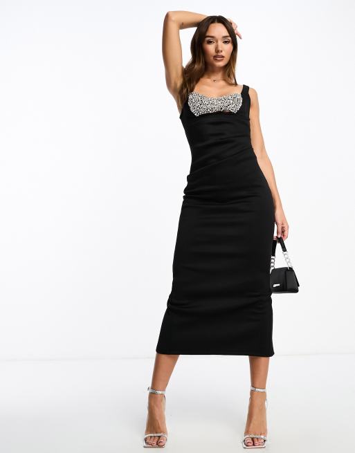 ASOS DESIGN – Czarna sukienka midi z materiału typu nurek ze zdobioną wstawką