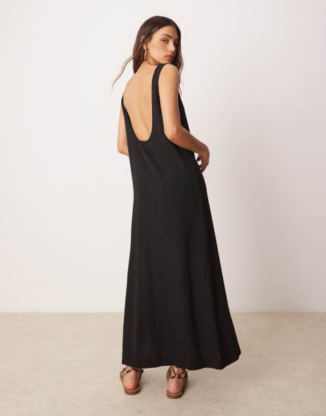 ASOS DESIGN – Czarna sukienka midi z mieszanki lnu z dekoltem U - view 1
