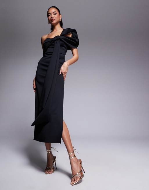ASOS DESIGN – Czarna sukienka midi z odsłoniętymi ramionami i kokardką z tkaniny nurek