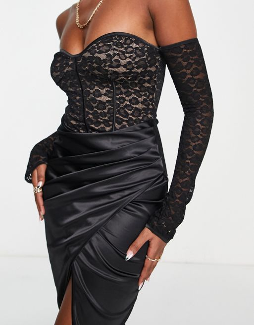ASOS DESIGN – Czarna sukienka midi z odsłoniętymi ramionami i ozdobnymi  miseczkami z satyny i koronki | ASOS