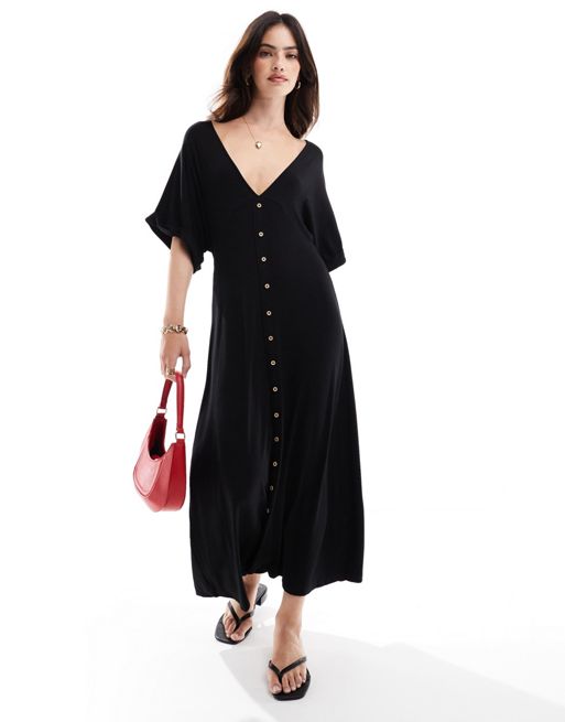 FhyzicsShops DESIGN – Czarna sukienka midi z podwijanymi rękawami zapinana na guziki z przodu