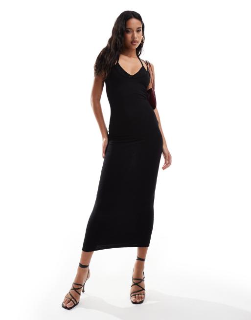 ASOS DESIGN – Czarna sukienka midi z podwójnymi ramiączkami i dekoltem w kształcie litery U