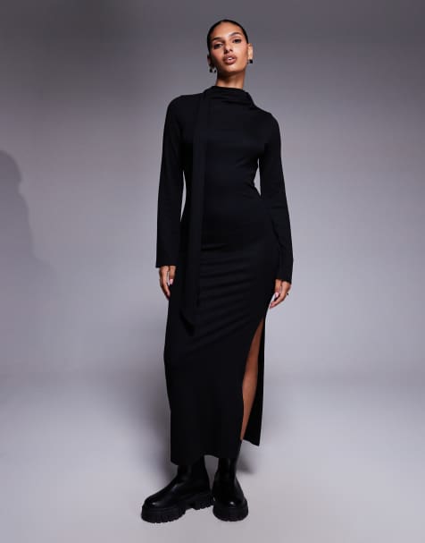 ASOS DESIGN – Czarna sukienka midi z rozszerzanymi rękawami i ozdobna szarfą - view 1