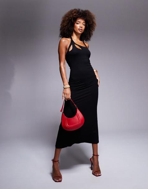 ASOS DESIGN twisted cut away neckline midi dress in black