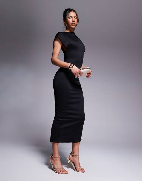 ASOS DESIGN – Czarna sukienka midi z zabudowanym dekoltem i asymetrycznymi rękawami - view 1