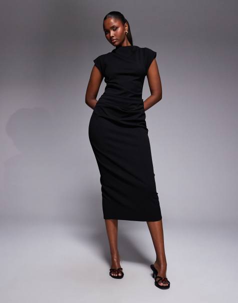 ASOS DESIGN – Czarna sukienka midi z zabudowanym dekoltem i drapowaniem - view 1