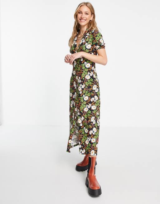 ASOS DESIGN – Czarna sukienka midi z kołnierzem i kwiatowym wzorem