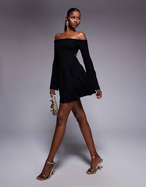 ASOS DESIGN off shoulder angel sleeve skater mini dress with chunky twist in black