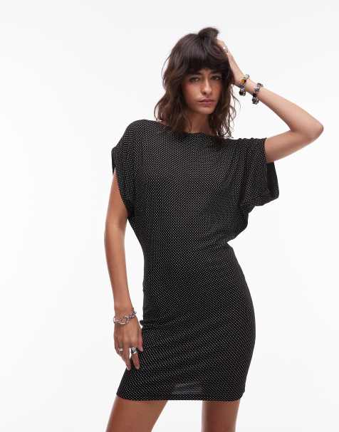 ASOS DESIGN – Czarna sukienka mini w kropki z nietoperzowymi rękawami - view 1