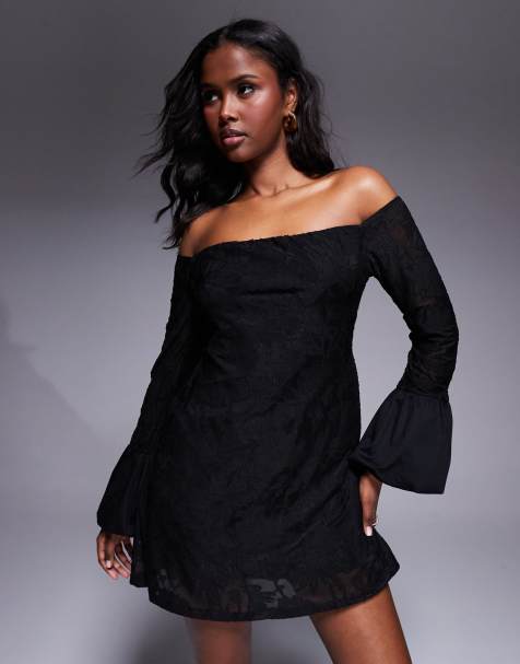 ASOS DESIGN – Czarna sukienka mini we wzór devoré z dekoltem bardot i bufiastymi mankietami - view 1