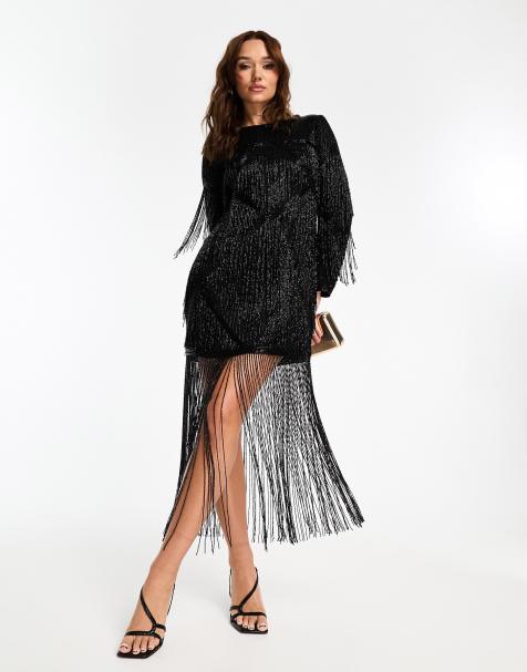 ASOS DESIGN – Czarna sukienka mini wyszywana koralikami i zdobiona frędzlami - view 1