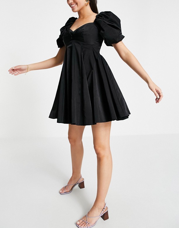  Wytrzymałe ASOS DESIGN – Czarna sukienka mini z bufkami i spÓdnicą z zakładkami Black