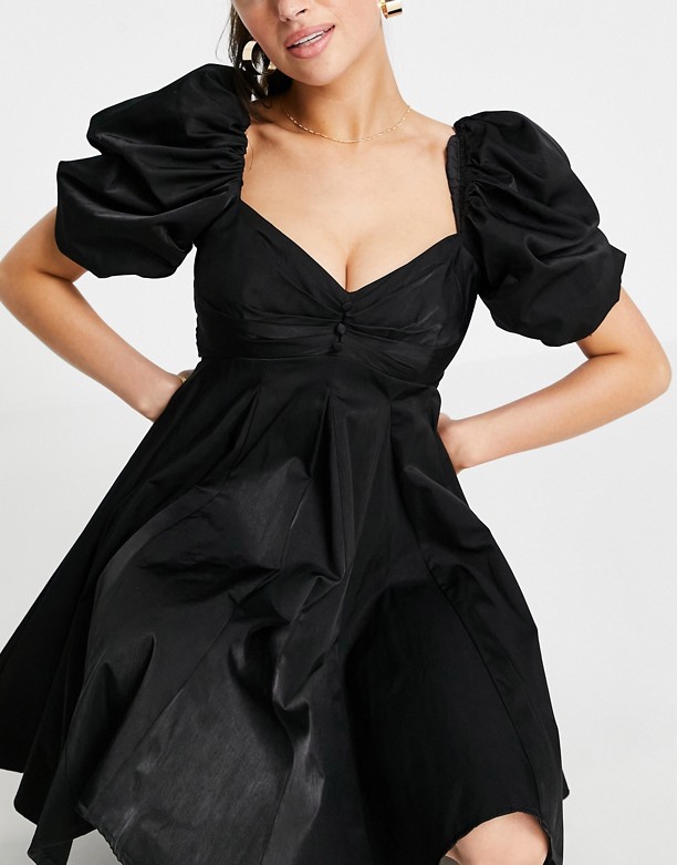  Wytrzymałe ASOS DESIGN – Czarna sukienka mini z bufkami i spÓdnicą z zakładkami Black