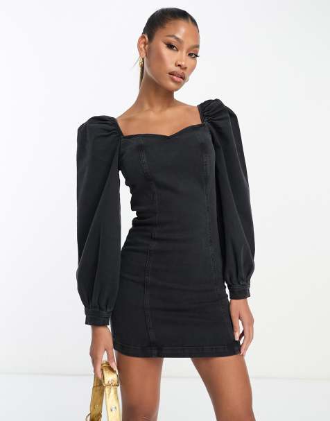 ASOS DESIGN – Czarna sukienka mini z denimu z bufkami - view 1