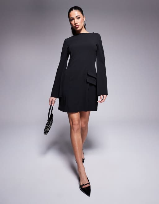 ASOS DESIGN – Czarna sukienka mini z długimi, rozkloszowanymi rękawami i dwiema kieszeniami, z materiału nurek
