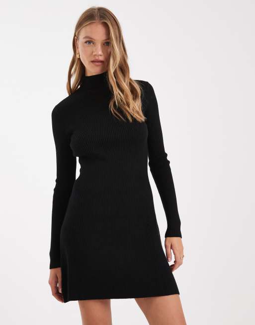 ASOS DESIGN – Czarna sukienka mini z dzianiny o delikatnym splocie z prążkowaną wstawką