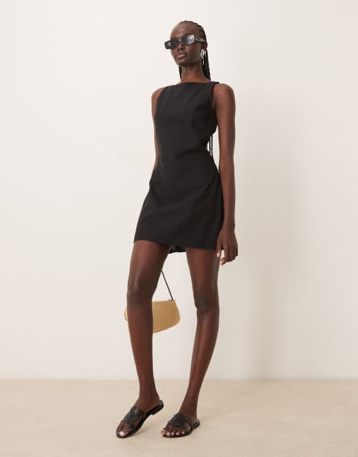 ASOS DESIGN – Czarna sukienka mini z kwadratowym zabudowanym dekoltem i marszczonym tyłem