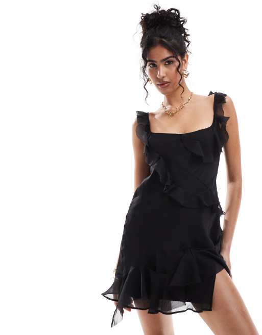ASOS DESIGN – Czarna sukienka mini z nieobszytym brzegiem, falbanką i wiązaniem z tyłu