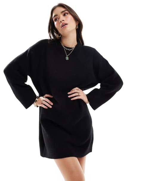 ASOS DESIGN – Czarna sukienka mini z okrągłym dekoltem i szerokimi mankietami - view 1