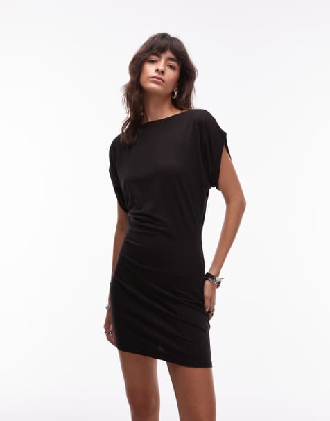 ASOS DESIGN – Czarna sukienka mini z prostym dekoltem i nietoperzowymi rękawami - view 1