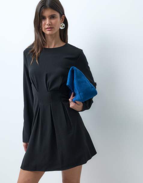 ASOS DESIGN – Czarna sukienka mini z zaszewkami w talii i długimi rękawami - view 1