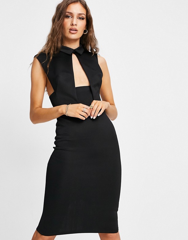 ASOS DESIGN – Czarna sukienka ołÓwkowa midi z głębokim dekoltem i ozdobną kamizelką Black Cieszyć Się 