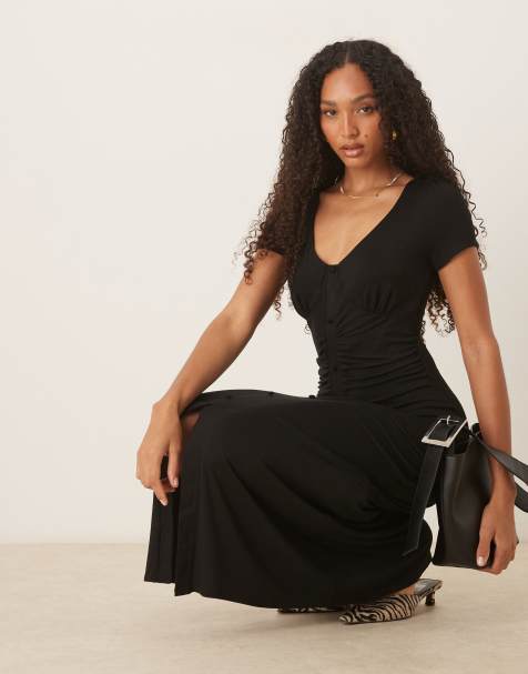 ASOS DESIGN V neck button ruched front midi tea dress in black