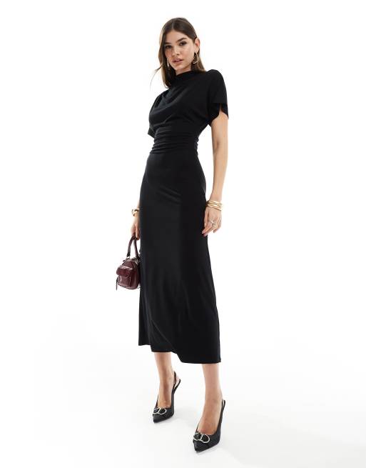 ASOS DESIGN – Czarna sukienka wiązana midi z krótkimi rękawami i zabudowanym dekoltem