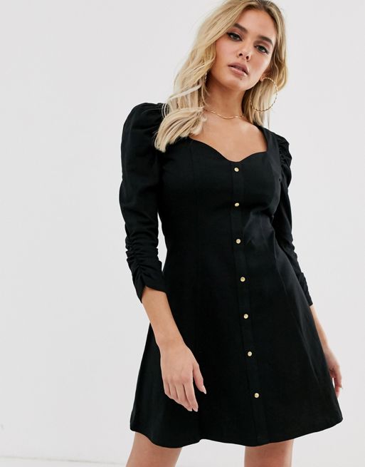 ASOS DESIGN – Czarna sukienka z bufkami zapinana na zatrzaski z przodu |  ASOS