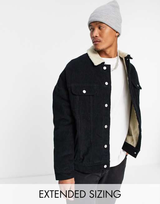 ASOS DESIGN – Czarna sztruksowa kurtka kowbojska oversize z podszewką i kołnierzem ze sztucznego kożuszka