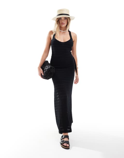 ASOS DESIGN – Czarna szydełkowana sukienka maxi ze skrzyżowanym tyłem i pierścieniami D