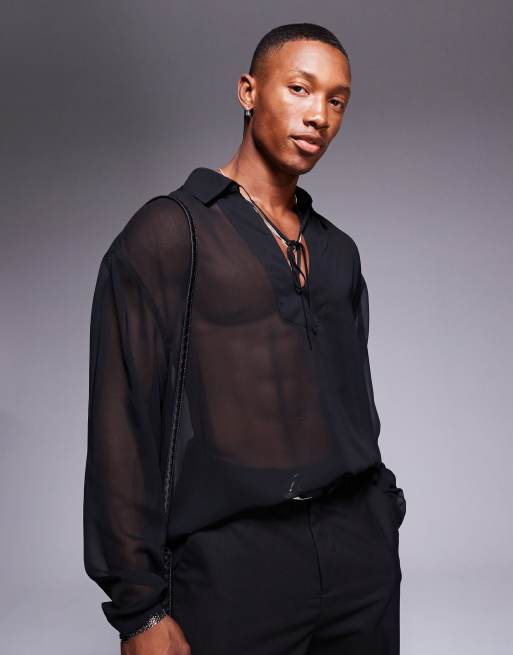 ASOS DESIGN – Czarna szyfonowa koszulka oversize z wiązaniem przy szyi i efektem sprania