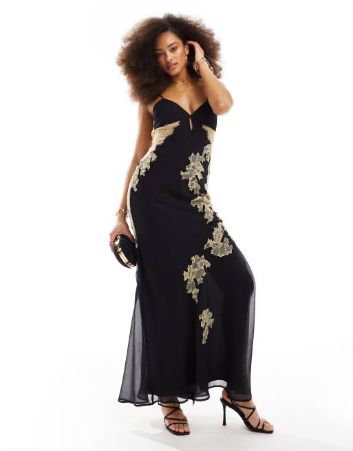 ASOS DESIGN – Czarna szyfonowa sukienka maxi z koronkową aplikacją ze spódnicą ze skosu