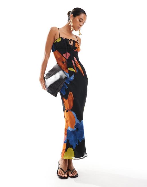 ASOS DESIGN – Czarna szyfonowa sukienka midi ze skosu z dekoltem bardot w kwiatowy wzór
