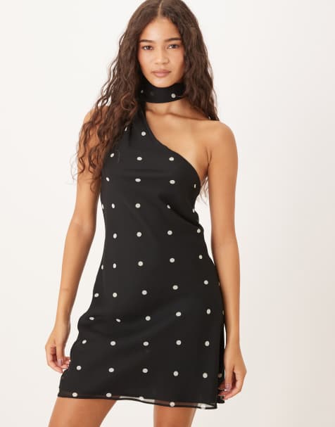 ASOS DESIGN – Czarna szyfonowa sukienka mini w groszki z szalem - view 1