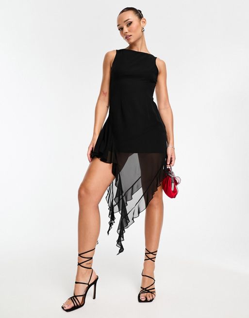 FhyzicsShops DESIGN – Czarna szyfonowa sukienka mini z dekoltem w kształcie litery U na plecach i falbanką u dołu