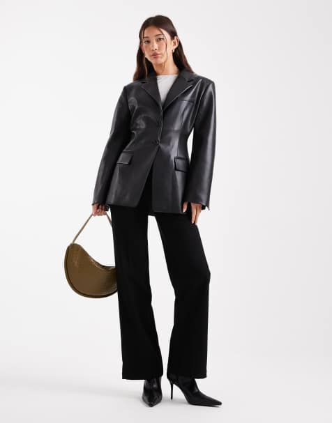 ASOS DESIGN faux leather sculpted cinch waist blazer in black
