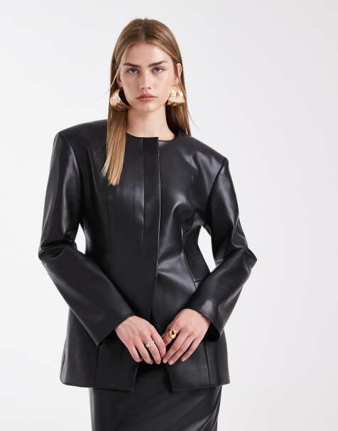 ASOS DESIGN faux leather cinch collarless blazer in black