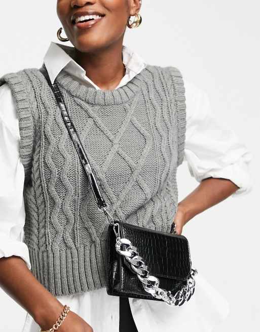 ASOS DESIGN – Czarna torebka crossbody z efektem skóry krokodyla z wymiennym paskiem łańcuszkiem