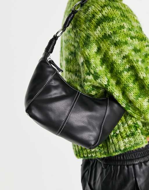 ASOS DESIGN – Czarna torebka na ramię z metalowymi elementami na pasku i przeszyciami