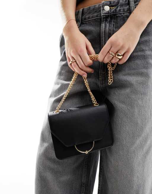 ASOS DESIGN – Czarna torebka na ramię z ozdobnym pierścieniem i wymiennym paskiem łańcuszkowym