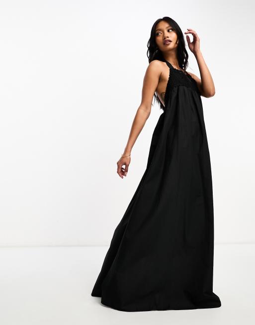 ASOS DESIGN – Czarna trapezowa sukienka letnia maxi z szydełkowanym dekoltem halter