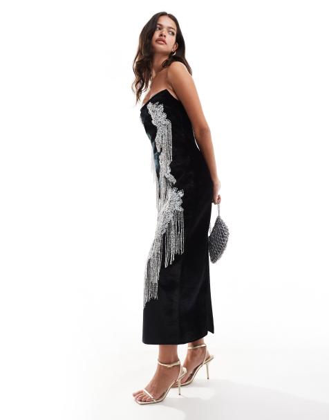 ASOS DESIGN – Czarna usztywniana aksamitna sukienka midi z kontrastowym kwiatowym zdobieniem z frędzlami i dekoltem bandeau - view 1