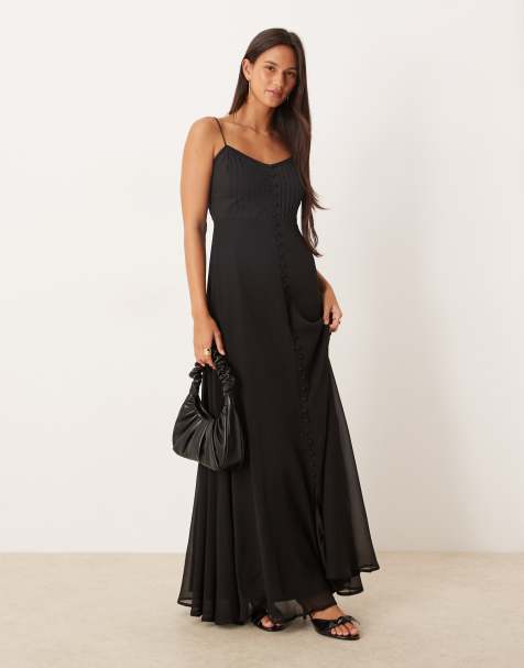 ASOS DESIGN – Czarna warstwowa sukienka maxi na ramiączkach zapinana na na guziki - view 1